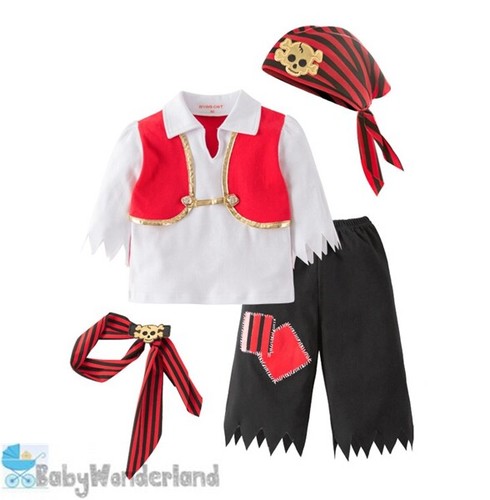 Kids Baby Boys Pirate 4 Pieces Set Long Sleeves Jumpsuit Costume Book Week 0-4Yr - Picture 2 of 12