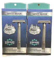 2Pk The Shave Factory Classic Safety Razor Includes 10 Blades & Travel Case(6J)