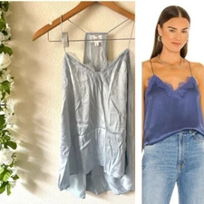 EUC $175 S CAMI NYC Light Blue Lace Trim 100% Silk Racer back Charmeuse Tank Top