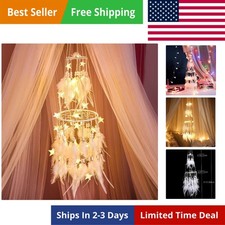 Double Circle White Feather Dream Catcher with Mobile LED Fairy Lights Wall H...