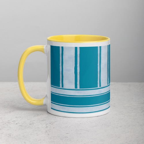 Tasse à café en céramique 11 oz blanc sarcelle rayé | Coupe de plage océan nautique côtier - Photo 21/30