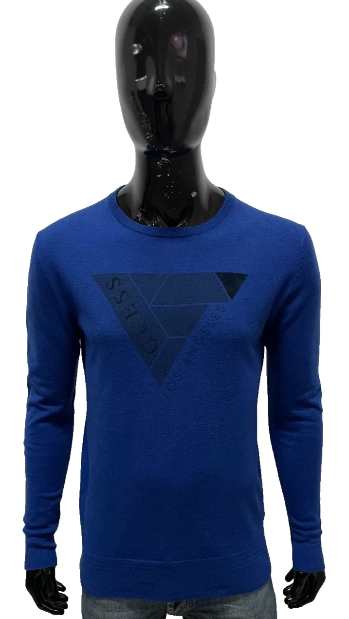 GUESS Men's Blue Sweater Logo Triangle Wool Acrylic Size L Pullover