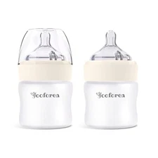 Yooforea Silicone Coated Glass Baby Bottle, 0M+ Slow 3 Ounce (2 Count), Cream 