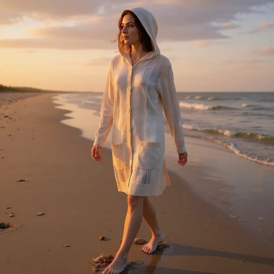 Cárdigan plumero con capucha mezcla de lino frontal botón ganchillo Dolce Cabo talla S avena Foto 3 de 4