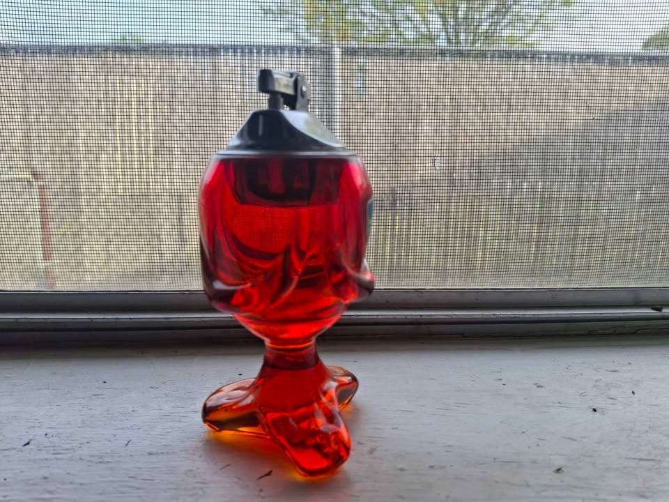 Vintage Viking Glass Persimmon Amberina Red Orange Drape Footed Table Lighter
