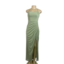 Azazie Womens Sage Green Polyester Halter Maxi Dress Pleated Elegant Gown Slit S