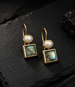 Authentic Labradorite Pearl Hook Earrings – 18K Gold Plated Sterling Silver