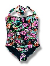 City Chic 1 Pc Halter Hawiian Flower Black Pink Green Ruched Bathing Suit 16 DD