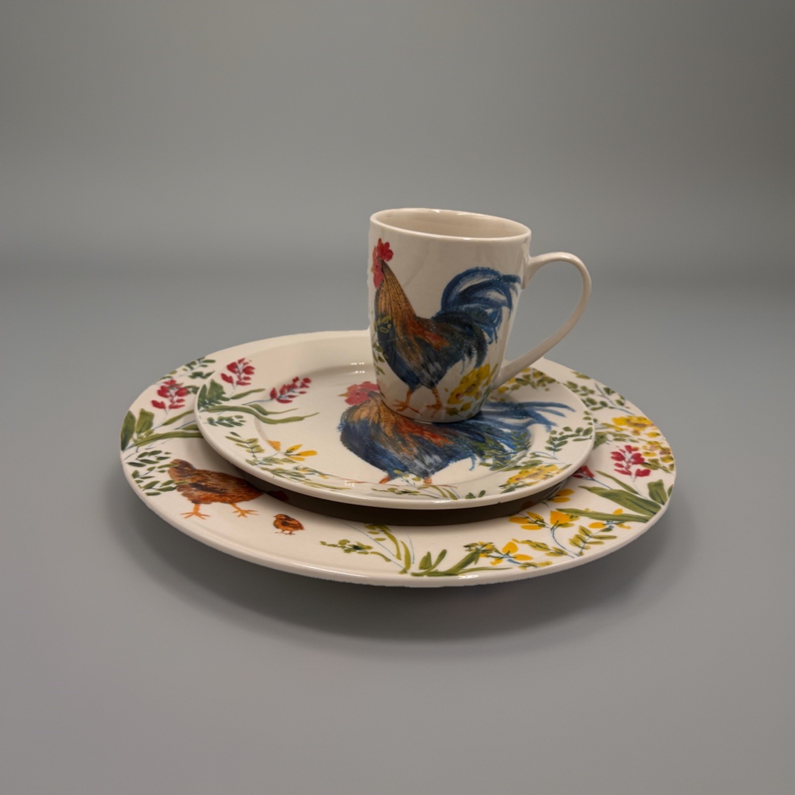 Paula Deen Garden Rooster Dinnerware 2 Plates & Mug Set Discontinued Kitschy HTF