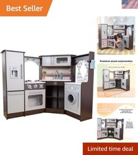 Interactive Corner Wooden Play Kitchen for Kids with Curtains Assembly Guide