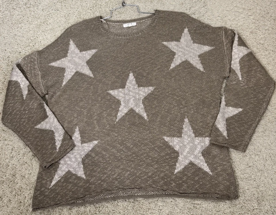 Pulôver cavalete bege bronzeado tamanho grande boxy cropped estrela suéter tamanho P bordas enroladas - Imagem 4 de 4