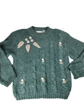Shenanigans Womens Small Vintage Knitted By Hand Sweater Grandma Green Floral