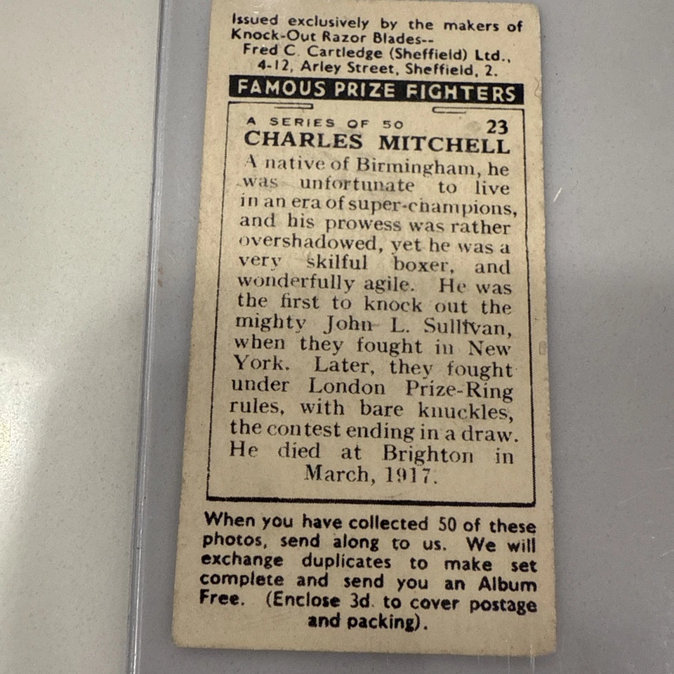Tarjeta de luchador Premio Charles Mitchell 1938 F. C Cartledge (Knock-out Razor Blades) Foto 3 de 4