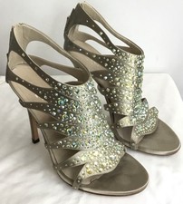 Gucci Stiletto Shoes Taupe Crystal embellished Gladiator Satin Zip back size 38