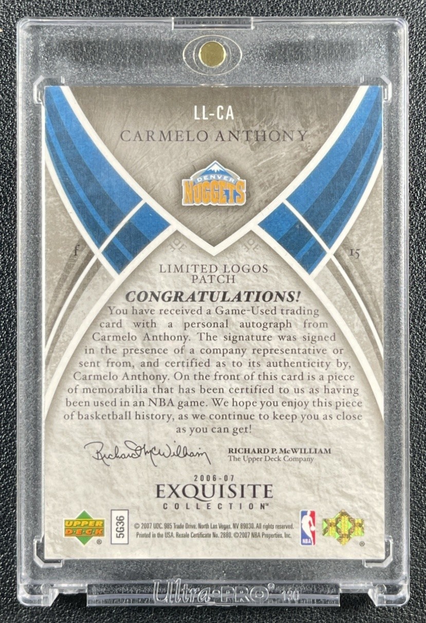 CARMELO ANTHONY 2006-07 UPPER DECK EXQUISITE LIMITED LOGOS GU PATCH AUTO 5/50 view 2
