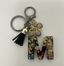 Handmade Resin Letter M Key Chain Butterfly Floral Gold Flakes Tassel Women