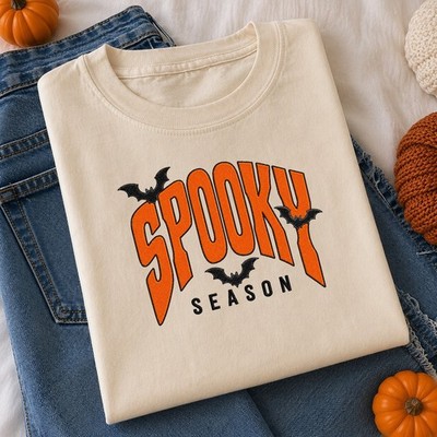 Spooky Season Embroidered Shirt, Halloween Tee, Cute Bat Shirt