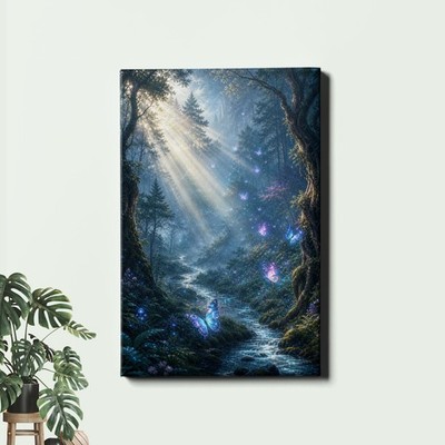 Enchanted Forest Canvas Print Light Rays and Butterflies Fantasy Woodland