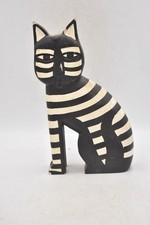Vintage Laurel Burch Style Hand-Painted Cat Figurine Wooden Black & White Large