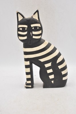 Vintage Laurel Burch Stil handbemalte Katze Figur Holz schwarz-weiß groß