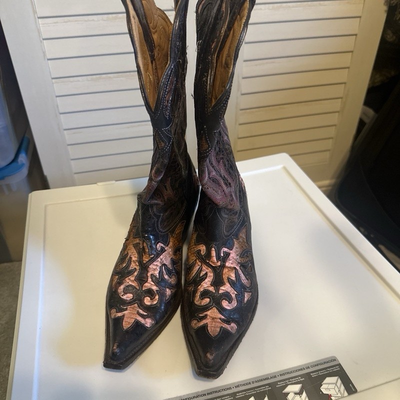 Stetson Western Cowboy Boots US 9 Brown & Pink Embroidered Pointed Toe