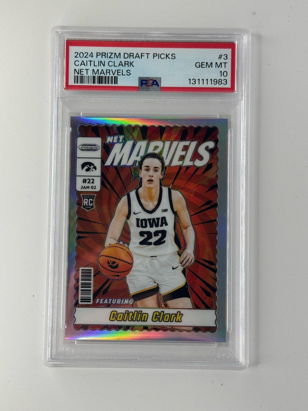 2024 Panini Draft Picks Caitlin Clark Net Marvels Silver Prizm PSA 10
