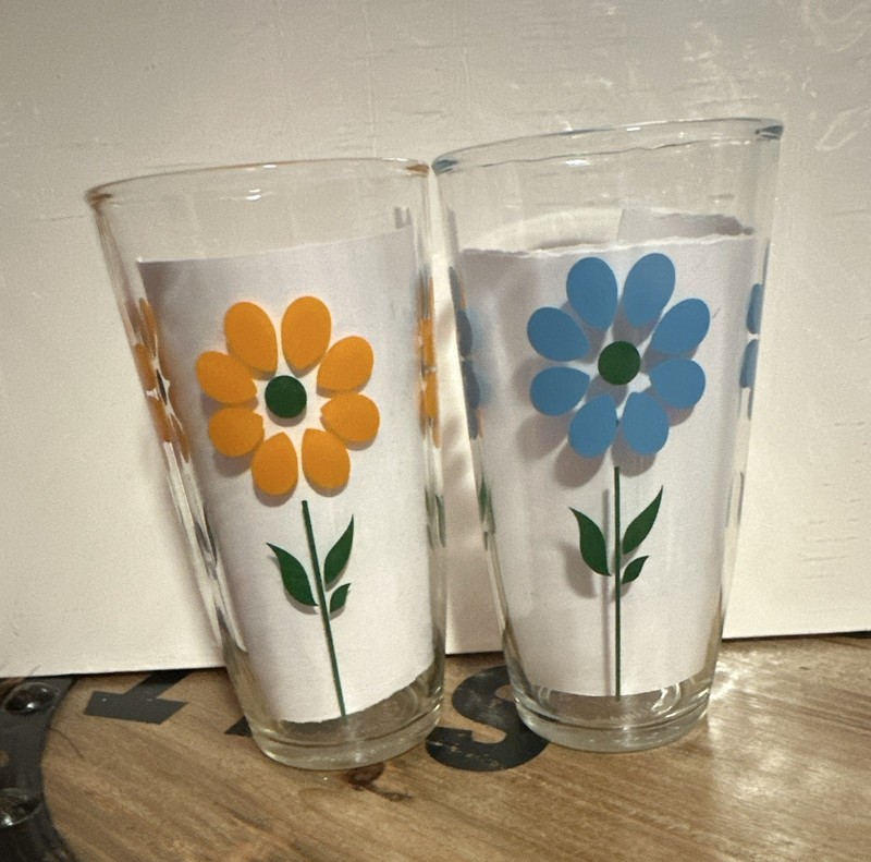 Set of 2 - 16 oz Floral Retro Glass Tumbler Drinking Glasses Blue Orange Green