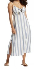 Roxy Women's Medium Striped Blue White Tie-Front Keyhole Midi Sundress Summer