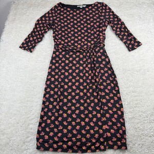 Boden Dress Women 8R Black Pink Floral Ruched Waist 3/4 Sleeve WW197