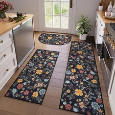 KITCHEN RUGS SET Floral Hallway Laundry Entryway Non Skid Black 3 Pcs KIMODE
