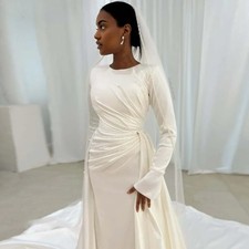 Eightale Wedding Dress Beaded Pearls O-Neck Customized White Ivory Long Sleeves