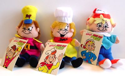SNAP CRACKLE POP BEAN BAG DOLLS Set/3 Kellogg's Rice Krispies Advertising 8'' NOS