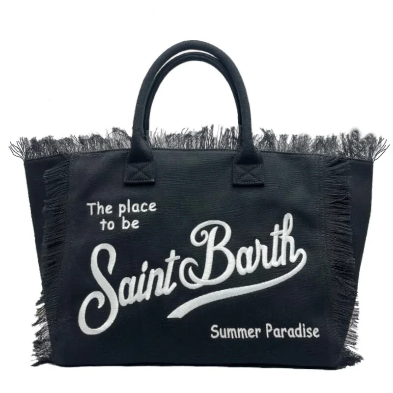 Borsa grande estiva da mare Saint Barth nera nappe fatta a mano 40x32x20cm