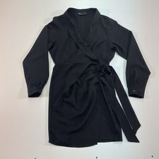 Womens 6 ASOS Wrap Mini Dress Black Deep V Neck Lapel Polyester