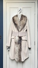 £995 Auth Ermanno Scervino Beige Pure Cashmere Coat, Real Fur Trim Coat 8 Uk, 42