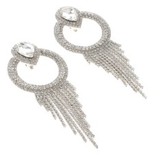 Silver Tone Crystal Rhinestone Chain Tassel Clip-On Dangle Earrings ER2590-SCL