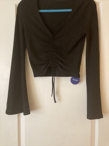 SweatyRocks Women's Solid Drawstring V Neck Black Tunic Bell Sleeve Shirt Side L - Picture 6 of 12