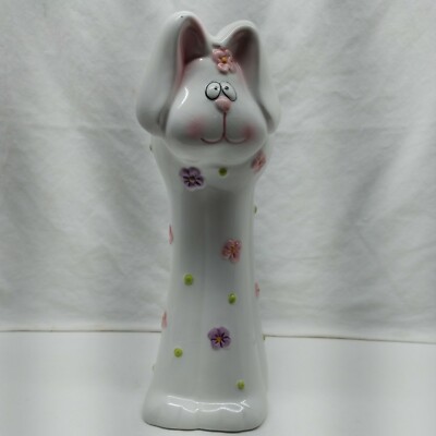 Bunny Bank Rabbit Bank 8  Tall Easter Spring White w/ Pink Purple Flowers READ