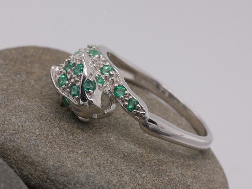 Plata de Ley 925 Natural Esmeralda & Diamante Abalanzándose Panther Head Anillo - Imagen 4 de 14