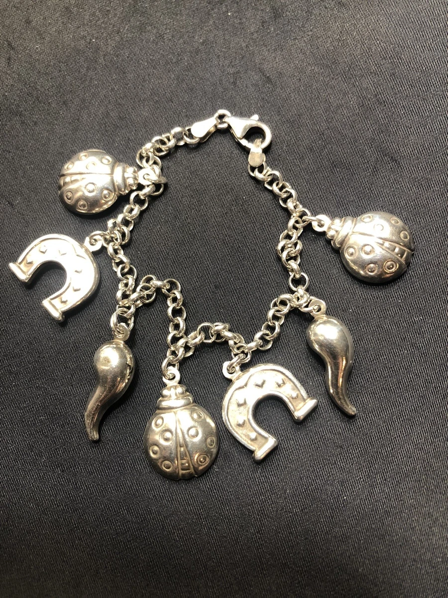 Sterling Silver Good Luck Charm Bracelet Lady Bugs HorseShoes