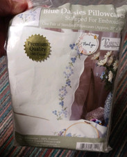 Tobin Vintage pair Pillow Cases Blue Daisies T230040 stamped for embroidery