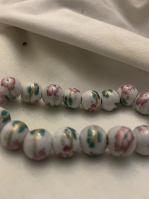 Vintage Porcelain Floral Bead Bracelet Pink Flowers Gold Detail