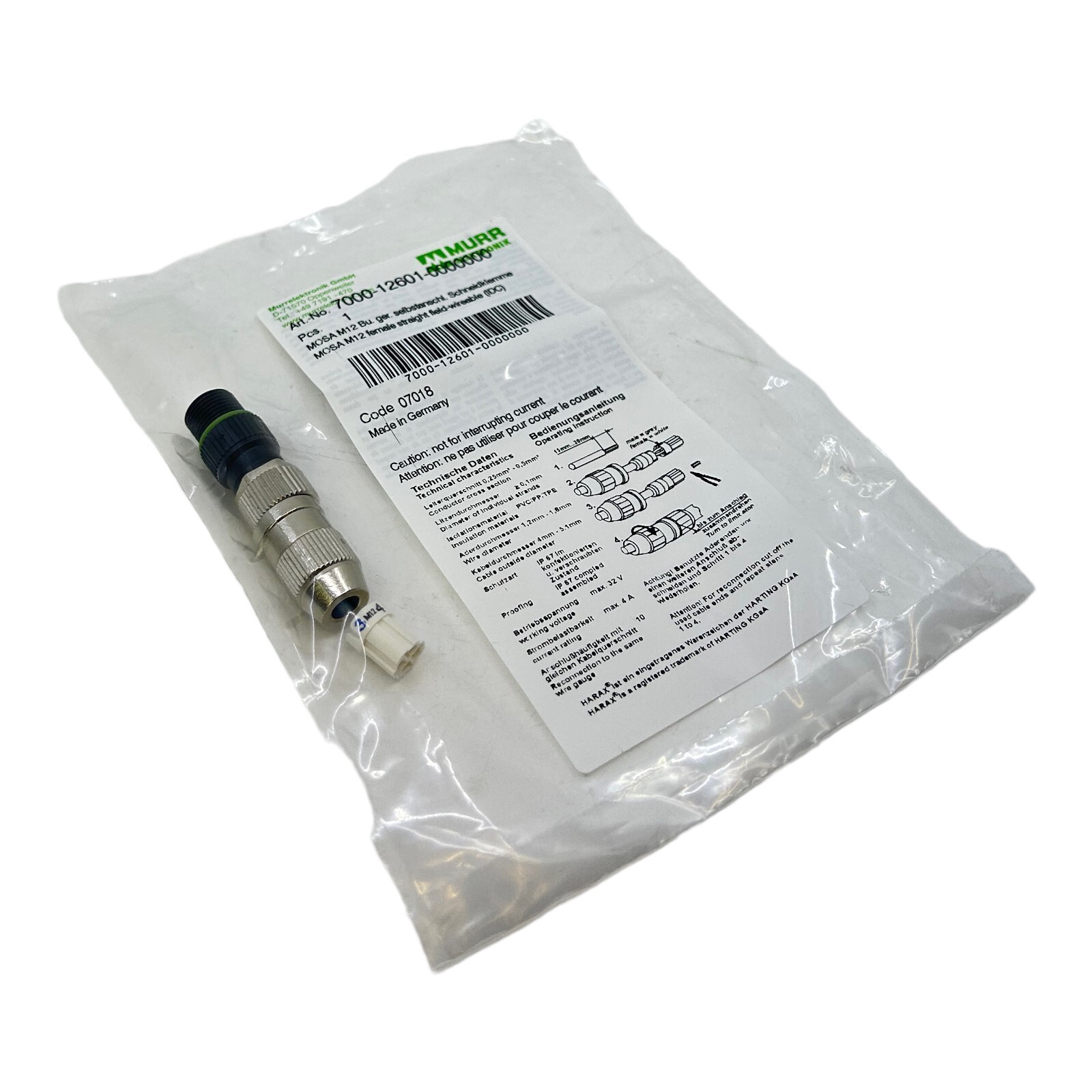 Murr 7000-12601-000000 Cutting Clamp Connection M12 Max. 32V AC/DC Max. 4A IP67