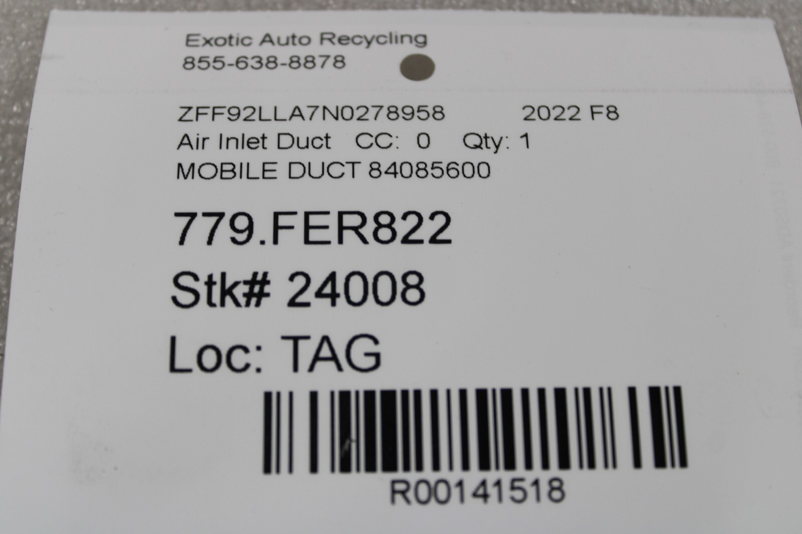 Ferrari F8, 458, 488, Mobile Air Duct, Dmg, Used, P/N 83594700