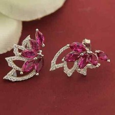 14K White Gold Plated 2Ct Marquise Cut Lab Created Pink Ruby Stud Halo Earrings