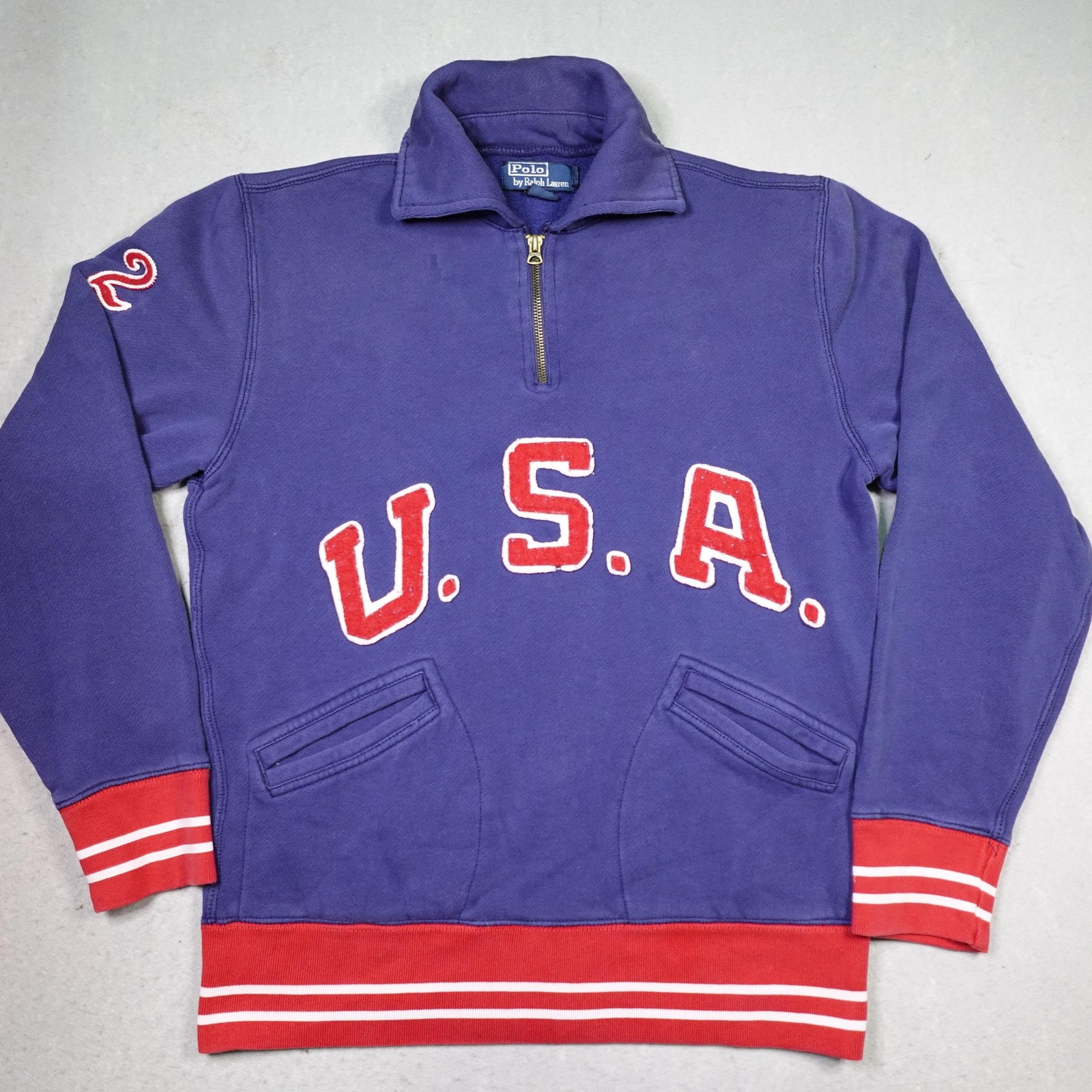 Vintage Polo Ralph Lauren Sweatshirt Mens M USA Olympic Quarter Zip 22 striped