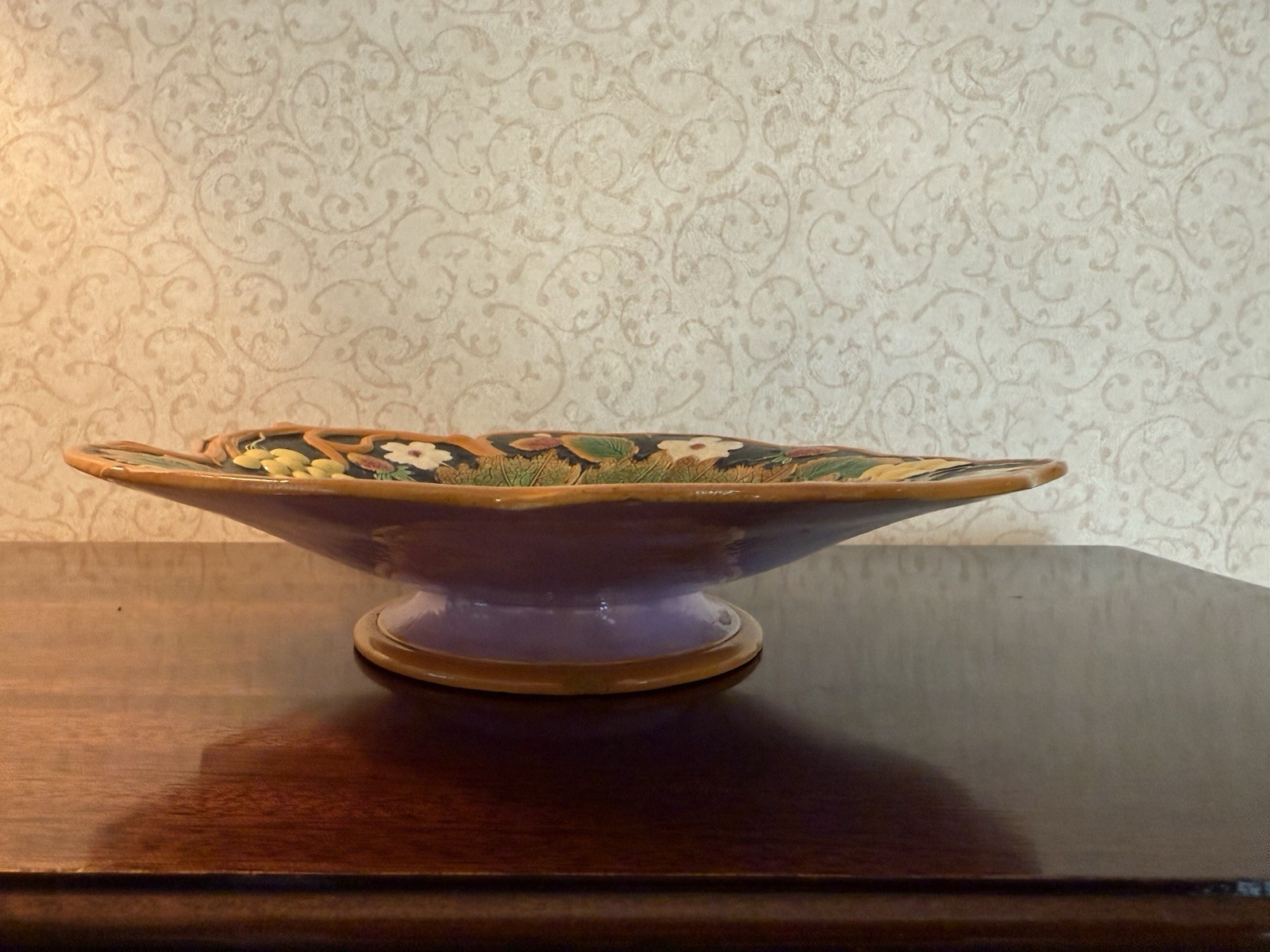 Antique William Brownfield  Majolica Strawberry Grape Compote Bowl Plate 1880’s