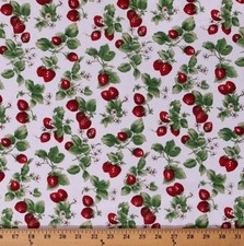 Cotton Strawberries Leaves Strawberry Off-White Fabric Print by Yard D695.36