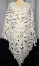 Vtg Handmade Granny Square Crochet Poncho Cream Fringe Boho Festival Cottagecore