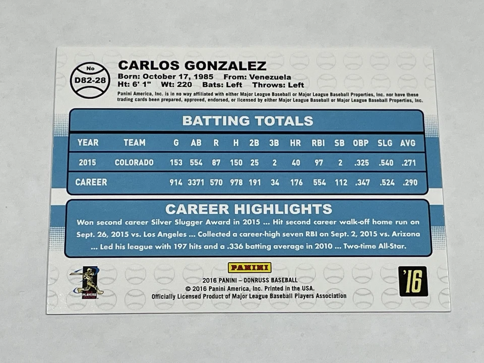 2016 Donruss Baseball 1982 Retro - Carlos Gonzalez - Colorado Rockies — 第 2/2 张图片